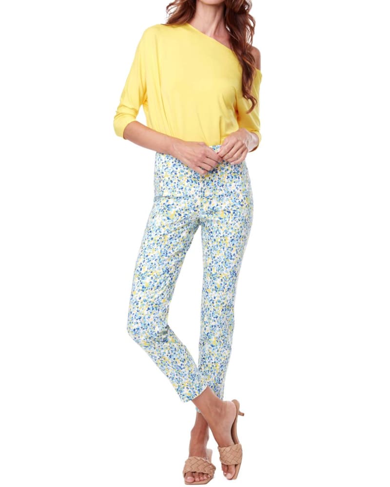 Front of a model wearing a size 10 Speckles Print Pant In Blue/Yellow in Blue/Yellow by up!. | dia_product_style_image_id:356247